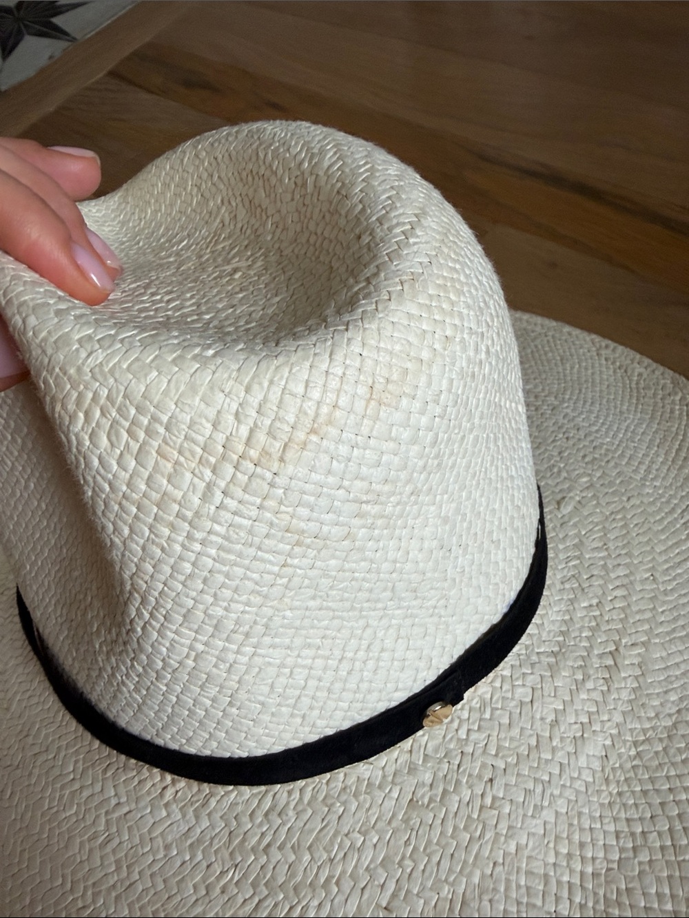 Janessa Leone Lyra Wide Brim Straw Fedora Hat with Black Band size M - Picture 6 of 9